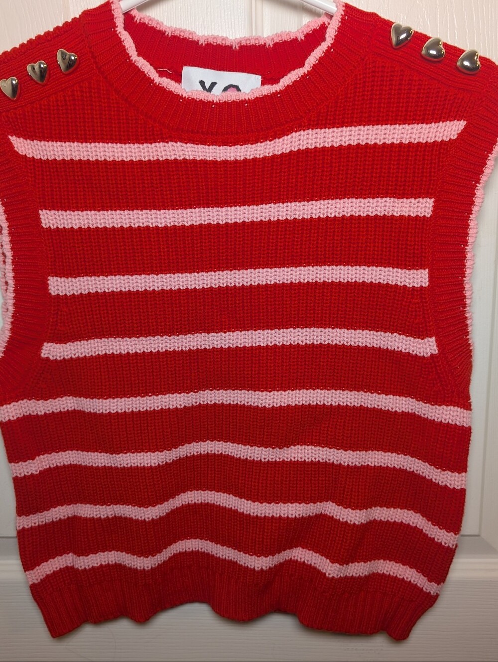 XOKR Kerri Rosenthal Knit Sleeveless Vest Striped Pink Red S Hearts Smiley Face